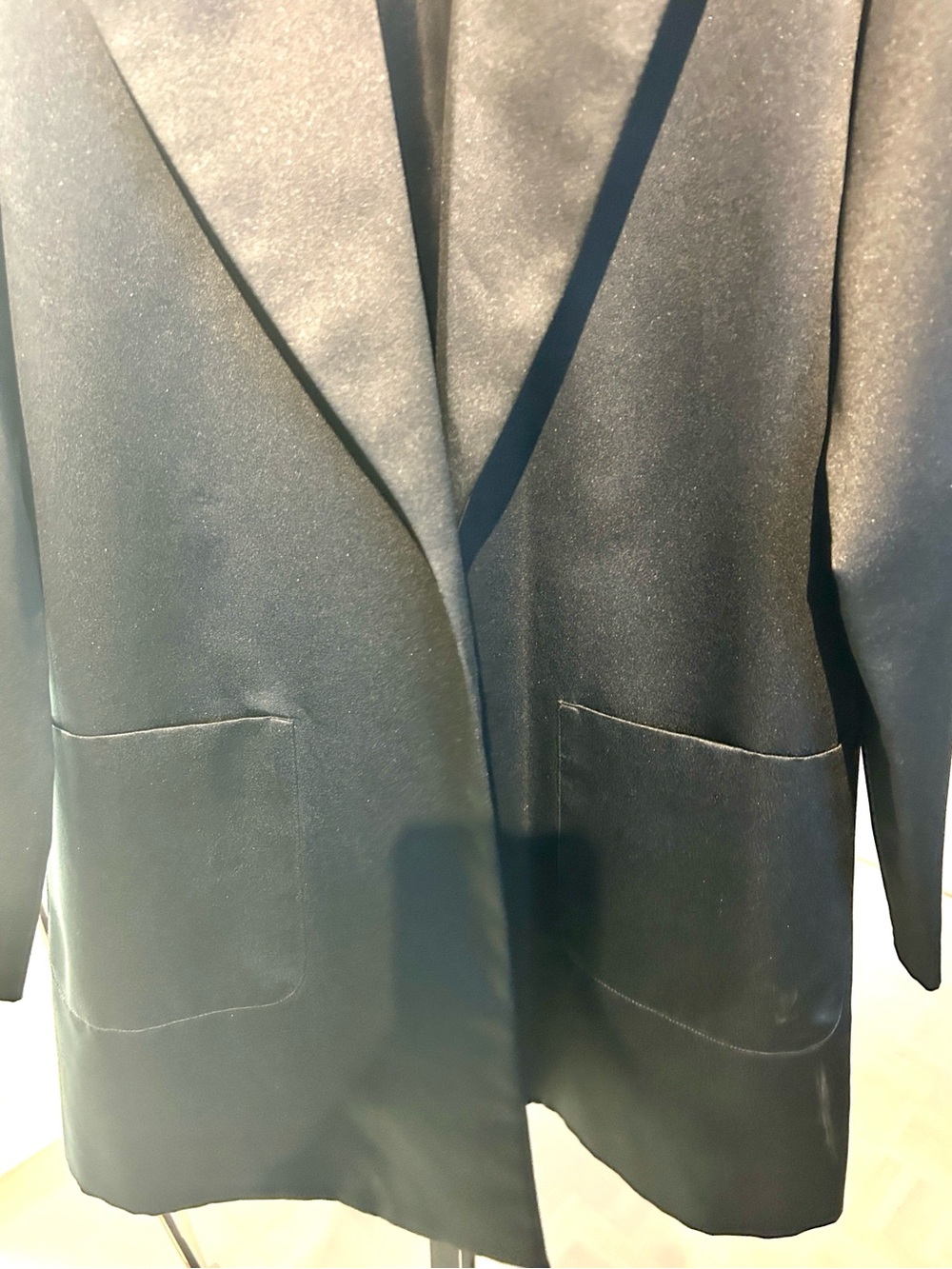 Glamour Women's Black Satin- tuxedo style overcoat/ jacket. Classic